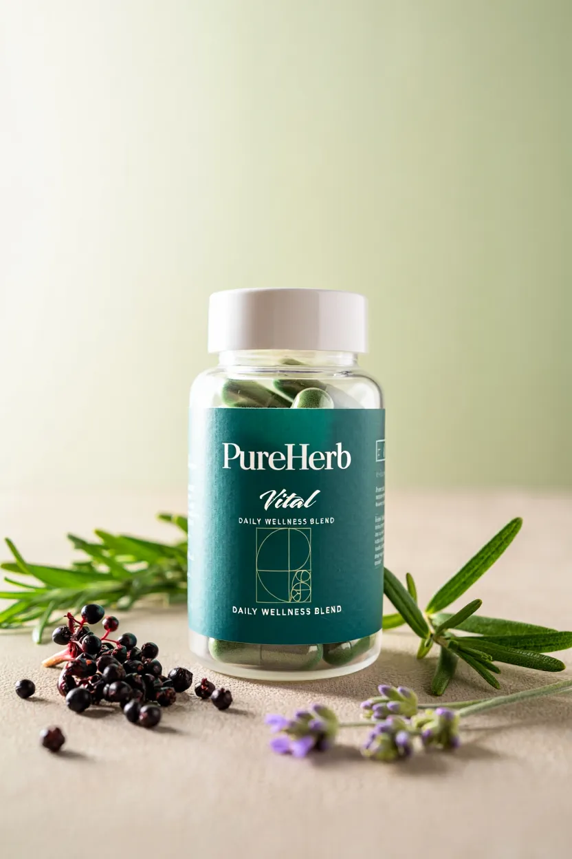 PureHerb Vital supplement bottle with natural botanical ingredients displayed